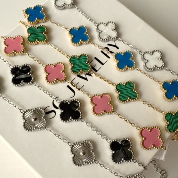 Black MOP Clover Bracelet Silver Tone Chain Stainless Steel - Picture 6 of 10